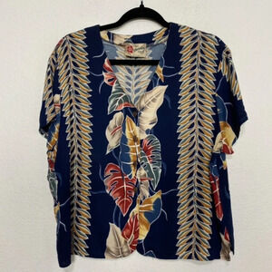 Hilo Hattie Hawaiian Colorful Tropical V-Neck Button Front Blouse Size Large